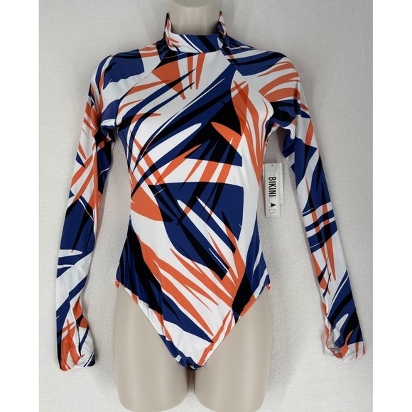 The Bikini Lab Other - Bikini Lab Womens Long Sleeve Bodysuit Rashguard Zipper Blue Orange White Size S